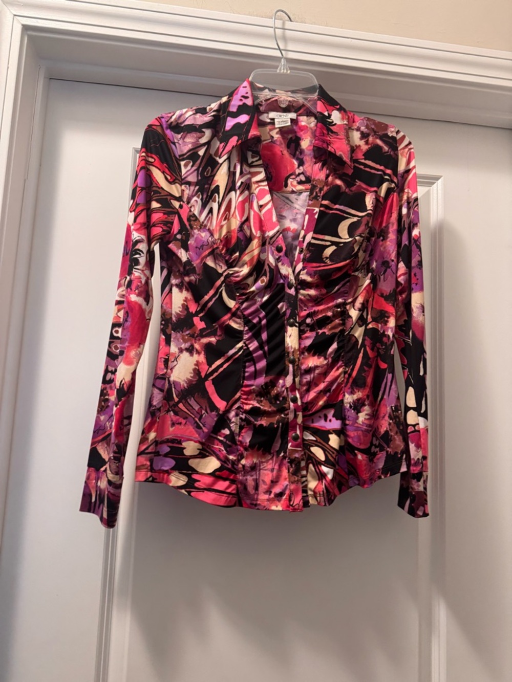 Cache Long-Sleeve Abstract Button-Front Top in Pink, Black & Purple